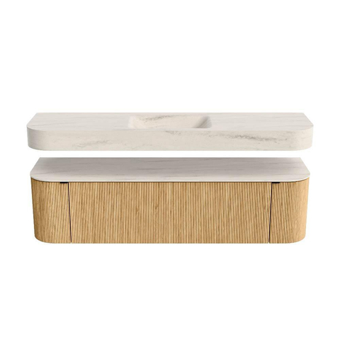 MONDIAZ THOR-DLUX 170cm meuble de salle de bains arrondi gauche + droite couleur Oak avec 1 tiroir et 2 portes. Vasque suspendue CLOUD Milieu 1 trou de robinet couleur Meli. SW1465750