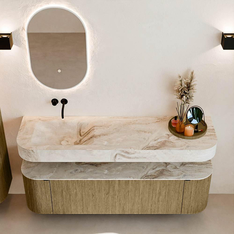 MONDIAZ THOR-DLUX 160cm meuble de salle de bains arrondi gauche + droite couleur Dusk avec 1 tiroir et 2 portes. Vasque suspendue CLOUD gauche sans trou de robinet couleur Frappe. SW1465037