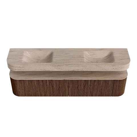 MONDIAZ THOR-DLUX 200cm meuble de salle de bains arrondi à gauche + à droite couleur Noyer avec 2 tiroirs et 2 portes. Lavabo suspendu CLOUD Double 2 trous de robinet couleur Saba. SW1467232