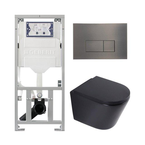 QeramiQ Dely Toiletset - 36.3x51.7cm - diepspoel - rimless - Geberit UP320 inbouwreservoir - softclose toilet zitting - 35mm - gunmetal bedieningsplaat - rechthoekige knoppen - mat zwart SW1235421