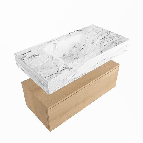MONDIAZ ALAN - DLUX Ensemble de meuble de salle de bains - 90cm - meuble bas - Chêne lavé - 1 tiroir - lavabo suspendu - vasque centrée - 1 trou de robinet - Glace SW808960
