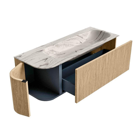 MONDIAZ KURVE-DLUX Meuble de salle de bains 125cm arrondi à gauche couleur Chêne avec 1 tiroir et 1 porte. Lavabo BIG MEDIUM à droite 1 trou de robinet Nata. SW1432111