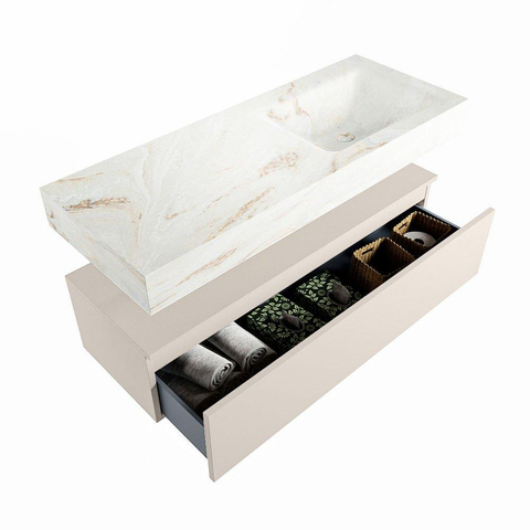 MONDIAZ ALAN - DLUX Ensemble de meuble de salle de bains - 120cm - meuble bas - Linen - 1 tiroir - lavabo suspendu - vasque à droite - 1 trou de robinet - Frappe SW804704