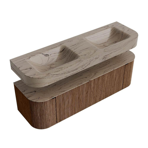 MONDIAZ THOR-DLUX 150cm meuble de salle de bains arrondi gauche + droite couleur Walnut avec 1 tiroir et 2 portes. Vasque suspendue CLOUD Double 2 trous de robinet couleur Arena. SW1464756