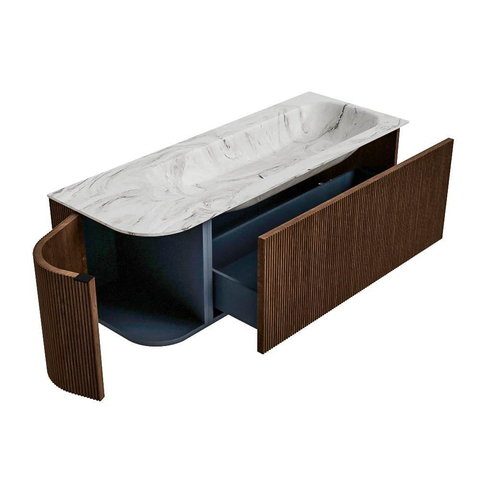 MONDIAZ KURVE-DLUX meuble de salle de bains 125 cm avec module 25 L couleur Walnut avec 1 tiroir et 1 porte. Lavabo BIG MEDIUM à droite 1 trou de robinet couleur Glace. SW1138050