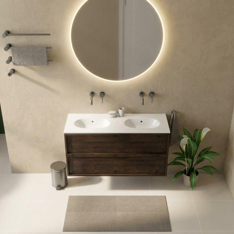 Saniclass Holz Frame Ensemble meuble de salle de bains - 120x45x74cm - lavabo Chaci en céramique blanc - 2 vasques - sans trous de robinetterie - 2 tiroirs - chêne charcoal mat (bois) SW1579942
