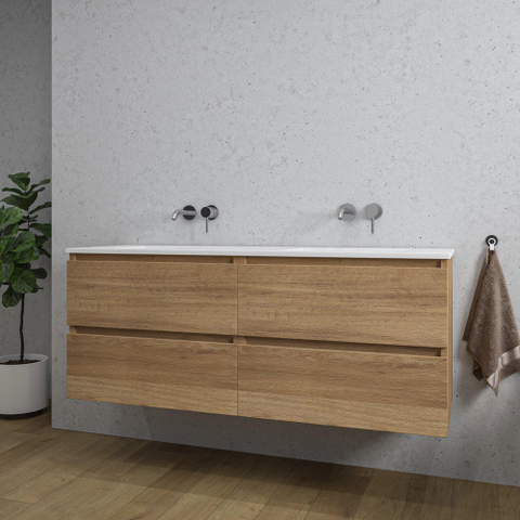 Saniclass Chaci Badkamermeubelset - 140x46x55cm - 4 lades - keramische wastafel wit - 2 wasbakken - zonder kraangaten - eiken SW1171455