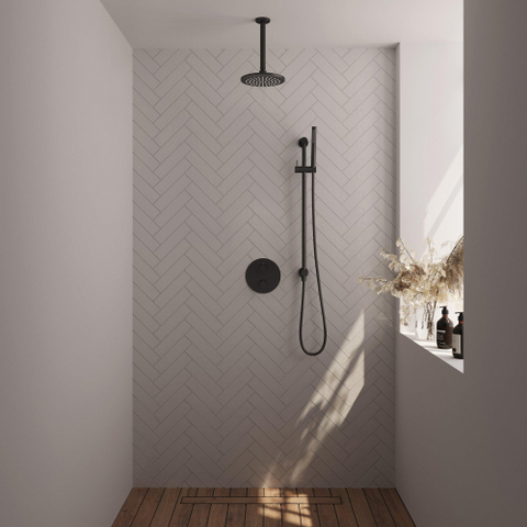 BRAUER Black Edition douche thermostatique encastrée - 3 voies - rond - ensemble 89 - douche principale de 20 cm - bras plafond - douchette à main - flexible de douche - colonne de douche intégrée - noir mat SW1159217