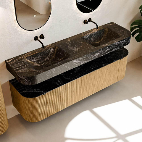 MONDIAZ THOR-DLUX Meuble de salle de bains - 170cm - arrondi gauche + droite - couleur Oak - 1 tiroir et 2 portes - Vasque suspendue CLOUD Double sans trou de robinet - couleur Lava SW1465438