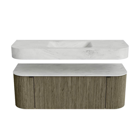 MONDIAZ THOR-DLUX Meuble de salle de bains 130cm arrondi gauche + droite couleur Shadow avec 1 tiroir et 2 portes. Vasque suspendue CLOUD Milieu sans trou de robinet couleur Opalo. SW1463748