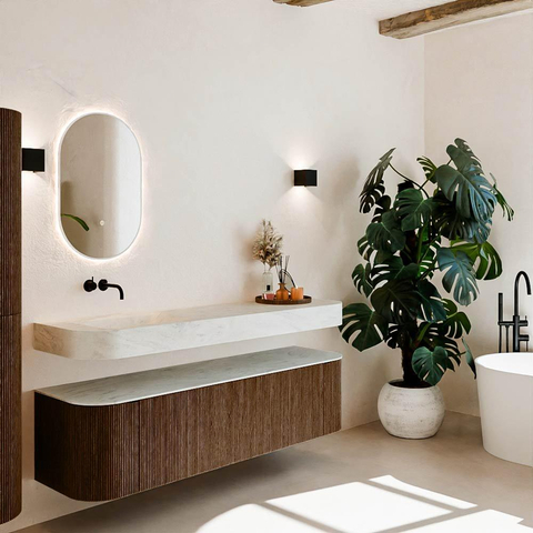 MONDIAZ THOR-DLUX Meuble de salle de bains - 170cm - arrondi gauche + droite - couleur Walnut - 1 tiroir et 2 portes - Vasque suspendue CLOUD Gauche sans trou de robinet - couleur Opalo SW1465587