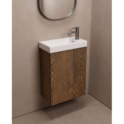 Saniclass Holz Pure Toiletmeubelset - 40x60.5cm - 1 deur - fontein keramiek - kraangat rechts - eiken charcoal SW1577754