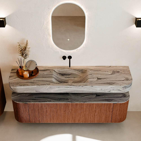 MONDIAZ THOR-DLUX 170cm badmeubel ronding links + rechts kleur Ruby met 1 lade en 2 deuren. Vrijhangende wastafel CLOUD Midden zonder kraangat kleur Sombra. SW1465858
