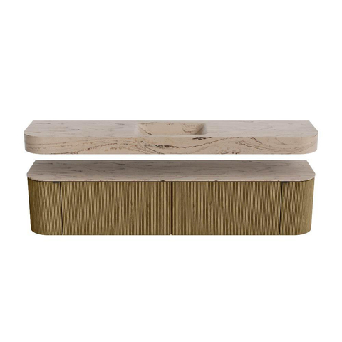 MONDIAZ THOR-DLUX 200cm meuble de salle de bains arrondi gauche + droite couleur Dusk avec 2 tiroirs et 2 portes. Vasque suspendue CLOUD Milieu sans trou de robinet couleur Arena. SW1467069