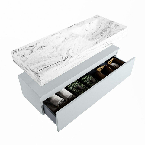 Mondiaz ALAN-DLUX Ensemble de meuble - 120cm - meuble Clay mat - 1 tiroir - Lavabo Cloud Glace suspendu - vasque Droite - 1 trou de robinet SW806256