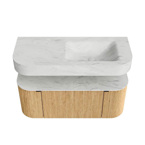 MONDIAZ THOR-DLUX 110cm meuble de salle de bains arrondi gauche + droite couleur Oak avec 1 tiroir et 2 portes. Vasque suspendue CLOUD droite sans trou de robinet couleur Opalo. SW1462758