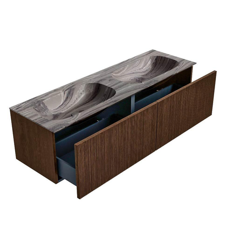 MONDIAZ KURVE-DLUX 150cm badmeubel kleur Walnut met 2 lades en 0 deuren. Wastafel STOR SMALL Dubbel zonder kraangat Sombra. SW1433712
