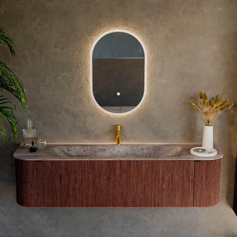 MONDIAZ KURVE-DLUX Meuble de salle de bains 170cm arrondi Gauche + Droite couleur Ruby avec 1 tiroir et 2 portes. Lavabo BIG LARGE Central 1 trou de robinet Oza. SW1432813