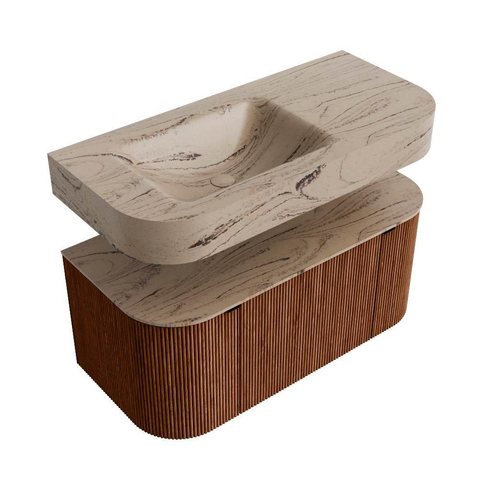 MONDIAZ THOR-DLUX 100cm meuble de salle de bains arrondi gauche + droite couleur Ruby avec 1 tiroir et 2 portes. Vasque suspendue CLOUD gauche sans trou de robinet couleur Arena. SW1467458