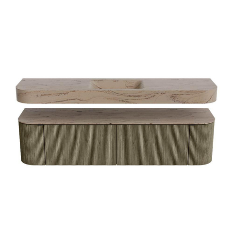 MONDIAZ THOR-DLUX 180cm meuble de salle de bains arrondi gauche + droite couleur Shadow avec 2 tiroirs et 2 portes. Vasque suspendue CLOUD Milieu 1 trou de robinet couleur Arena. SW1466152