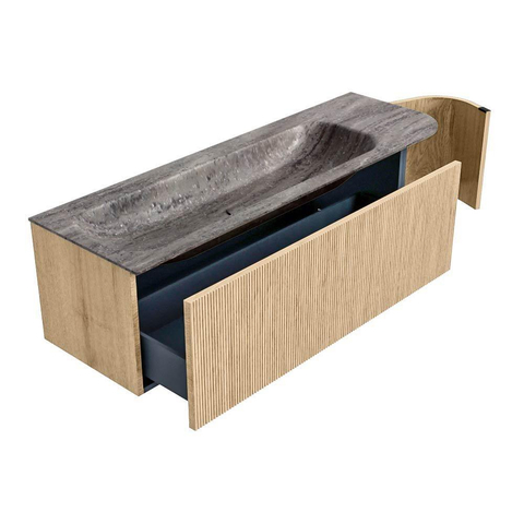 MONDIAZ KURVE-DLUX 145cm badmeubel ronding Rechts kleur Oak met 1 lade en 1 deur. Wastafel BIG LARGE Links 1 kraangat Oza. SW1432658