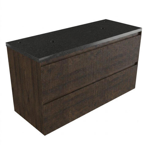 Saniclass Holz Atelier Badkamermeubelset - 120x45x63cm - Noche basalten wastafelblad gepolijst (zwart) - 2 kraangaten - 2 lades - mat eiken charcoal (hout) SW1478577
