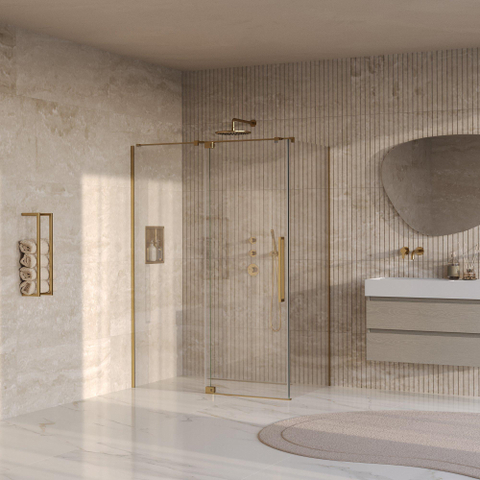 BRAUER Stellar Cabine de douche - 140x90x200cm - porte battante - revêtement verre - réversible - verre clair - PVD or brossé SW1418034