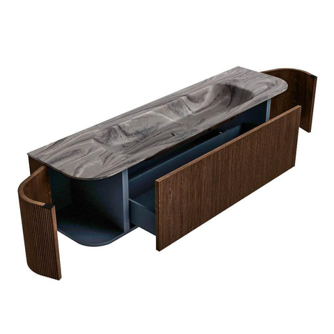 MONDIAZ KURVE-DLUX 170cm badmeubel ronding Links + Rechts kleur Walnut met 1 lade en 2 deuren. Wastafel BIG LARGE Midden 2 kraangaten Sombra. SW1433686