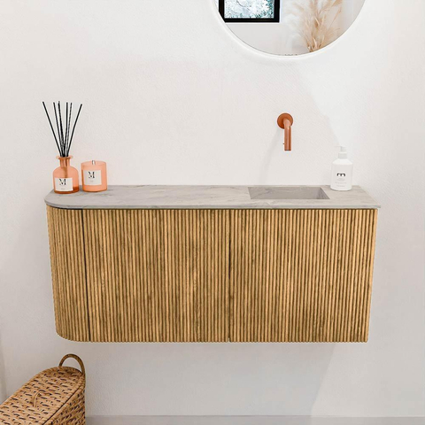 Mondiaz JOYA-DLUX 91.6cm toiletmeubel - ronding links kleur Oak - Wastafel FAYE positie Rechts Zonder kraangat kleur Glace. SW1422012