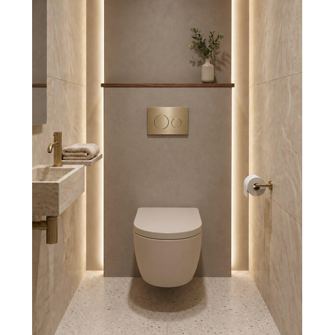 QeramiQ Dely Swirl Toiletset - 36.3x51.7cm - Geberit UP320 inbouwreservoir - met Burda frame - 35mm zitting - geborsteld messing bedieningsplaat - ronde knoppen - beige SW1138590