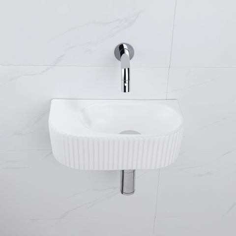 QeramiQ Fuente pack lave-mains – demi-rond – 40 x 21,5 x 12 cm – céramique blanc mat – robinet chromé – cannelé SW1233079
