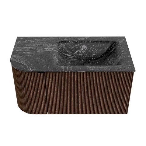 MONDIAZ KURVE-DLUX 85cm badmeubel met module 25 L kleur Walnut met 1 lade en 1 deur. Wastafel CLOUD rechts 1 kraangat kleur Lava. SW1137244