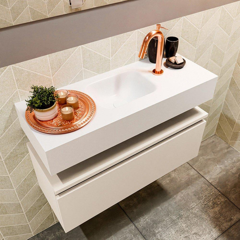 MONDIAZ ANDOR Meuble WC - 80x30x30cm - 1 trou de robinet - 1 tiroir - linen mat - vasque au milieu - Solid surface - Blanc SW474200