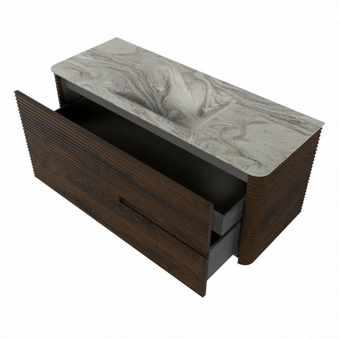 Mondiaz CIRO-DLUX Meuble de salle de bains - 120x45x50cm - Plan vasque solid surface Glace - 1 vasque au milieu - 1 trou de robinet - 2 tiroirs - Noyer SW1530264