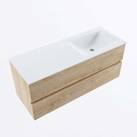 MONDIAZ VICA meuble sous lavabo 120cm Chêne blanchi 2 tiroirs. Lavabo CLOUD à droite sans trou de robinet, couleur Talc. SW1381907