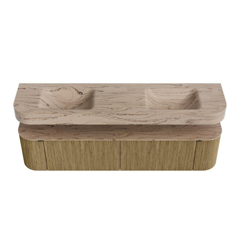 MONDIAZ THOR-DLUX 190cm meuble de salle de bains arrondi gauche + droite couleur Dusk avec 2 tiroirs et 2 portes. Vasque suspendue CLOUD Double sans trou de robinet couleur Arena. SW1466598