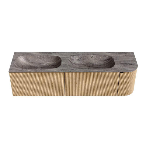 MONDIAZ KURVE-DLUX Meuble de salle de bains 165cm arrondi à droite couleur Chêne avec 2 tiroirs et 1 porte. Lavabo STOR SMALL Double / Gauche 2 trous de robinet Oza. SW1432680