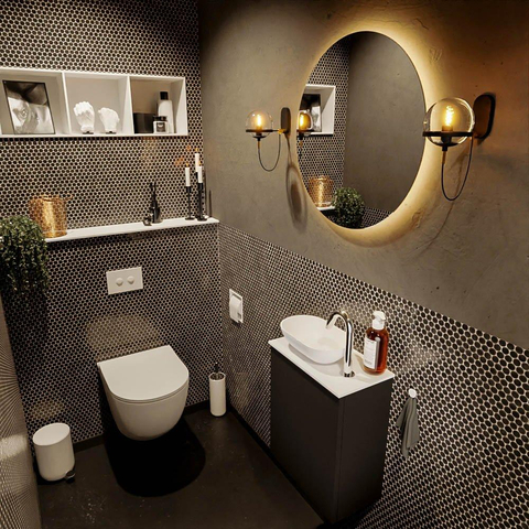 Mondiaz Fowy Meuble de toilette - 40x50x23cm - urban mat - 1 trou de robinet - lavabo à gauche - 1 porte - solid surface - plan MDF - lavabo : Blanc / Noir SW760831
