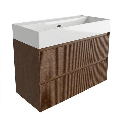 Saniclass Holz Atelier Ensemble meuble de salle de bains - 100x45x72cm - Plan vasque Legend en céramique blanc - 1 vasque - 2 trous de robinetterie - 2 tiroirs - noyer pure mat (bois) SW1478498