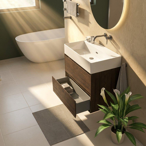 Saniclass Holz Pure Ensemble de meubles de salle de bains - 80x45x72cm - vasque Legend en céramique blanche - 1 vasque - sans trou de robinet - 2 tiroirs - chêne charcoal mat (bois) SW1478468