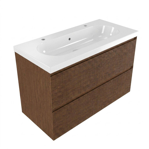 Saniclass Holz Atelier Ensemble meuble de salle de bains - 100x45x63.5cm - lavabo Palermo en céramique blanc - 1 vasque - 2 trous de robinetterie - 2 tiroirs - mat walnut pure (bois) SW1478623