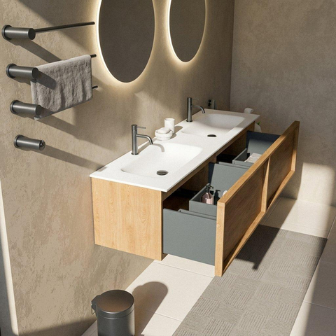 Saniclass Holz Frame Badkamermeubelset - 160x45x41.5cm - Flow solid surface wastafel wit - 2 wasbakken - 2 kraangaten - 2 lades - mat eiken natural (hout) SW1478452