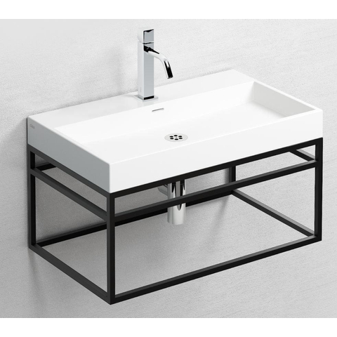 Clou Wash Me Ensemble meuble de salle de bains Frame 70x38x42cm Noir mat Lavabo céramique blanc brillant avec robinet Xo 12 bonde ouverte et siphon Chrome SW536619