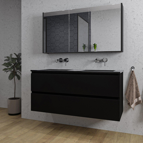 Saniclass Chaci Meuble de salle de bain - 120x46x55cm - lavabo en céramique noir - 2 vasques - sans trous de robinet - 2 tiroirs - armoire miroir - noir mat SW856588