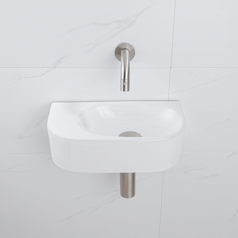 QeramiQ Fuente pack lave-mains – demi-rond – 40 x 21,5 x 12 cm – céramique blanc brillant – robinet inox brossé SW1233098