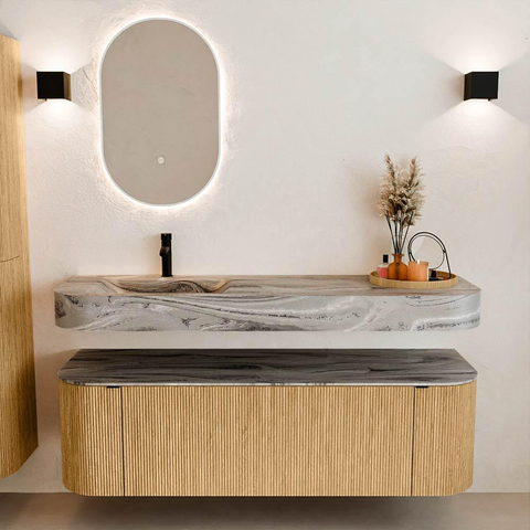 MONDIAZ THOR-DLUX 150cm badmeubel ronding links + rechts kleur Oak met 1 lade en 2 deuren. Vrijhangende wastafel CLOUD Links 1 kraangat kleur Sombra. SW1464960