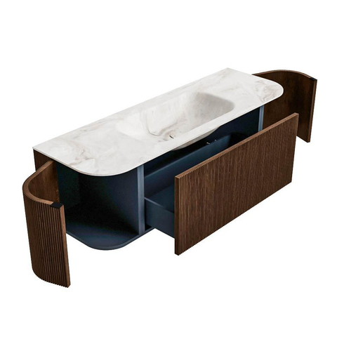 MONDIAZ KURVE-DLUX 140cm badmeubel met module 25 Len R kleur Walnut met 1 lade en 2 deuren. Wastafel BIG SMALL midden 1 kraangat kleur Frappe. SW1137449