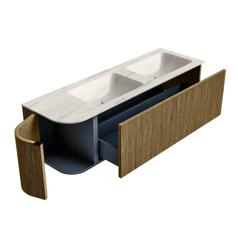 MONDIAZ KURVE-DLUX Meuble de salle de bains 145cm arrondi à gauche couleur Dusk avec 1 tiroir et 1 porte. Lavabo LEAF Double / Droite sans trou de robinet Meli. SW1431907