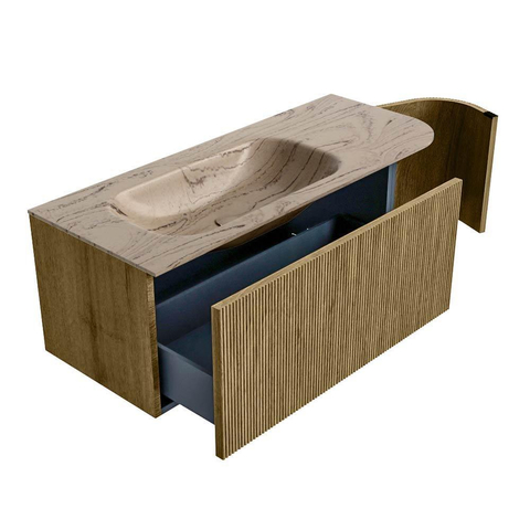 MONDIAZ KURVE-DLUX Meuble de salle de bains 115cm arrondi à droite couleur Dusk avec 1 tiroir et 1 porte. Lavabo BIG SMALL à gauche sans trou de robinet Arena. SW1431350