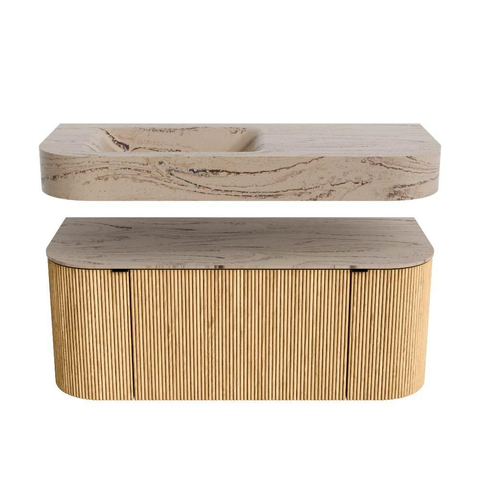 MONDIAZ THOR-DLUX 110cm meuble de salle de bains arrondi gauche + droite couleur Oak avec 1 tiroir et 2 portes. Vasque suspendue CLOUD gauche 1 trou de robinet couleur Arena. SW1462874
